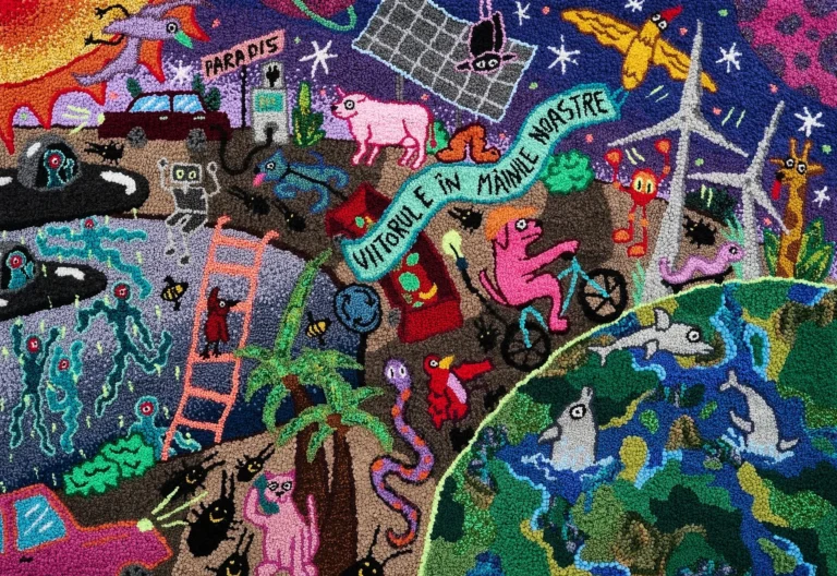 Colourful handmade tapestry for the Lumea9 sustainability campaign, featuring animals, wind turbines, plants and the words Viitorul e în mâinile noastre