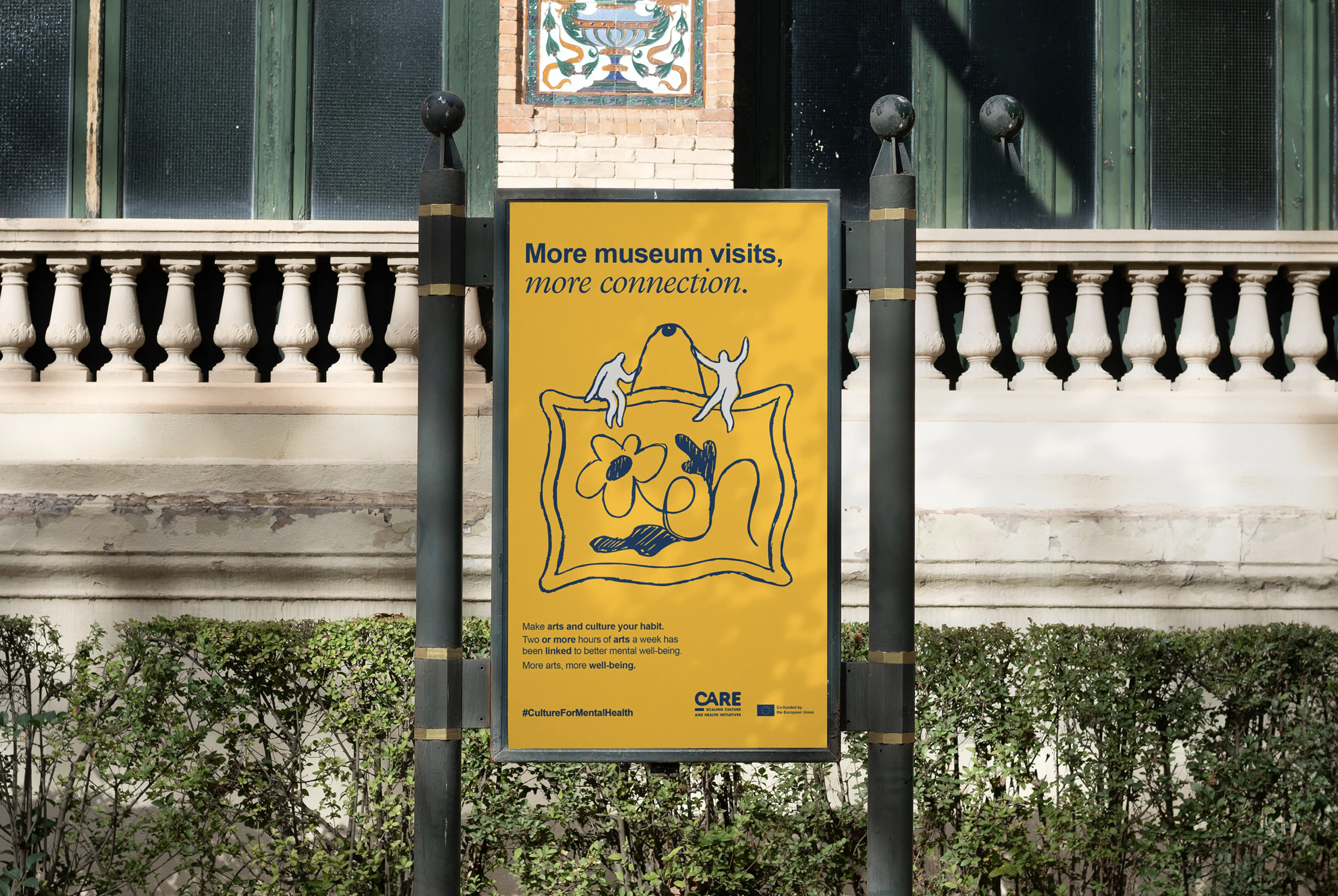 CARE arts culture mental health - EU-funded initiative outdoor campaign poster showing arts and wellbeing connection