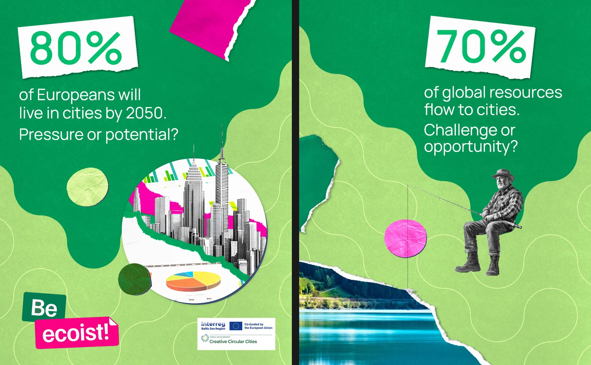 Creative Circular Cities campaign with green and magenta collage graphics and Interreg funding credit