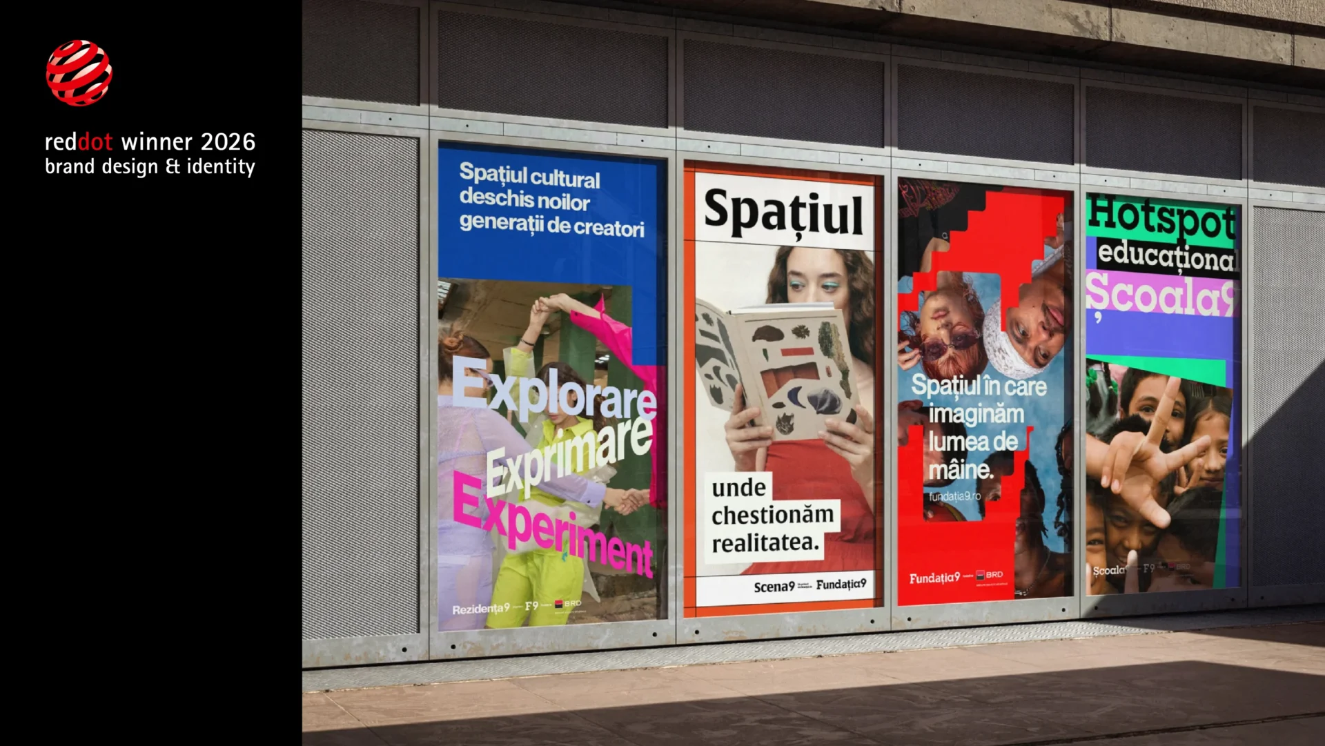 Rezidența9, Scena9, Fundația9 and Școala9 posters from the Red Dot-winning Fundația9 brand system
