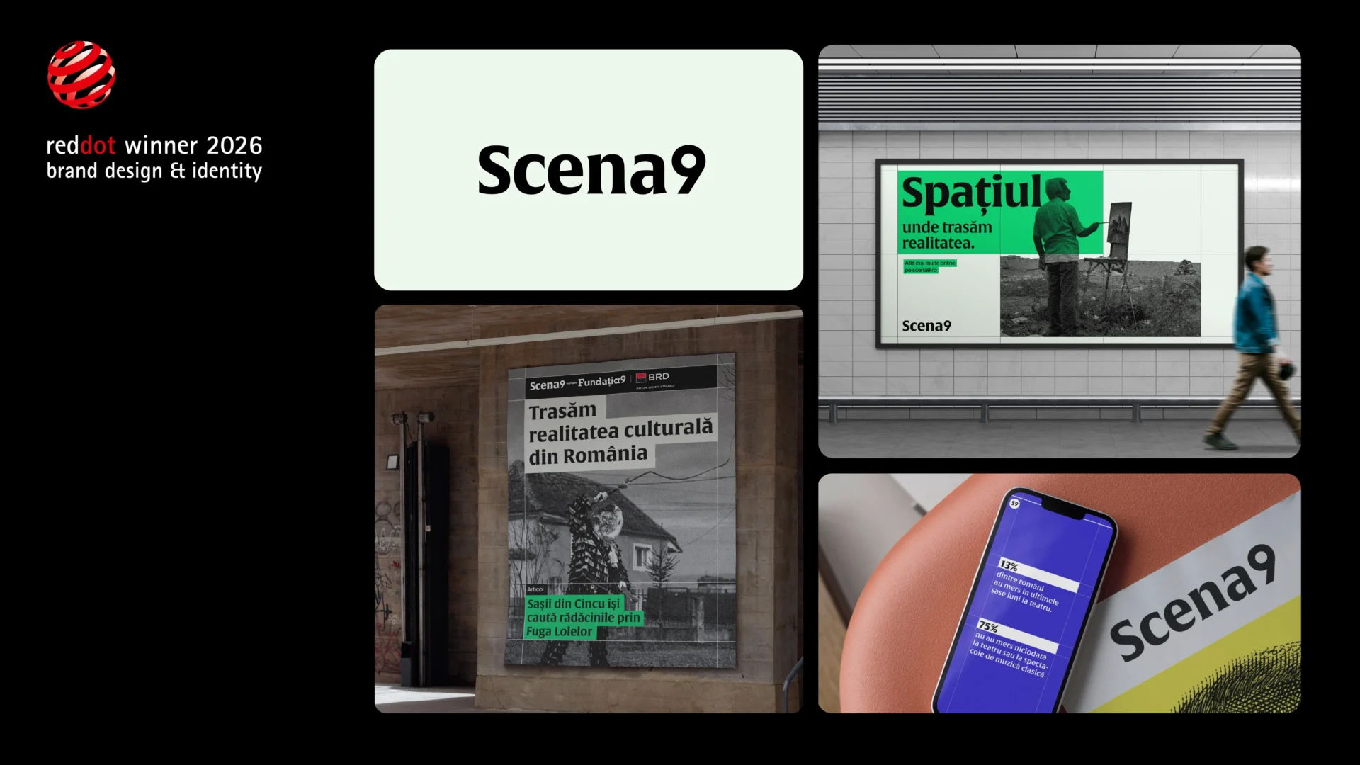 Scena9 identity and editorial applications, with the Red Dot Award 2026 winner mark