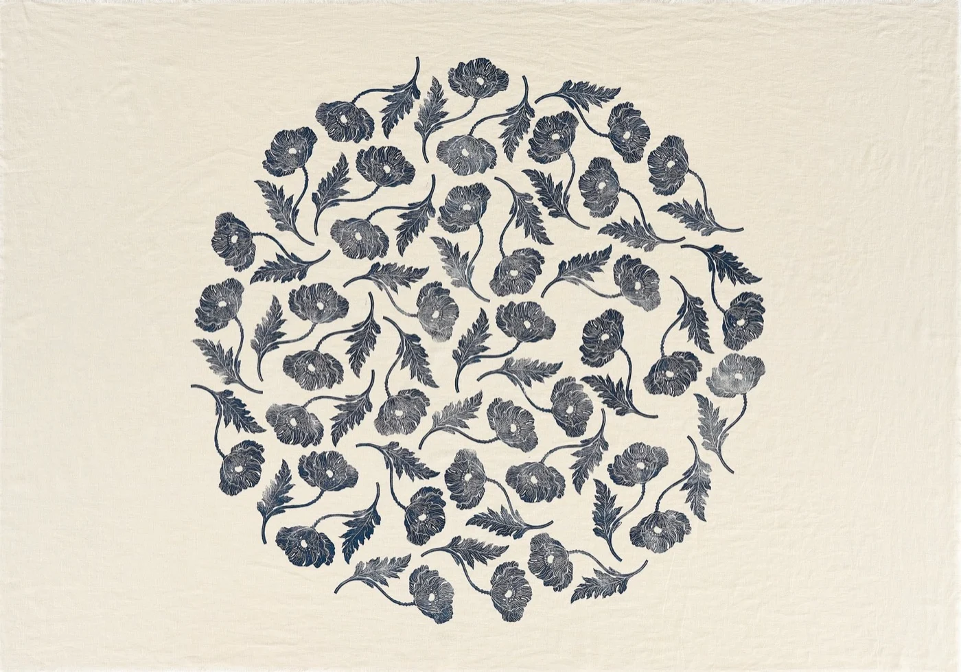 Circular floral linocut printed on fabric by Iulia Groves for the Lumea9 campaign