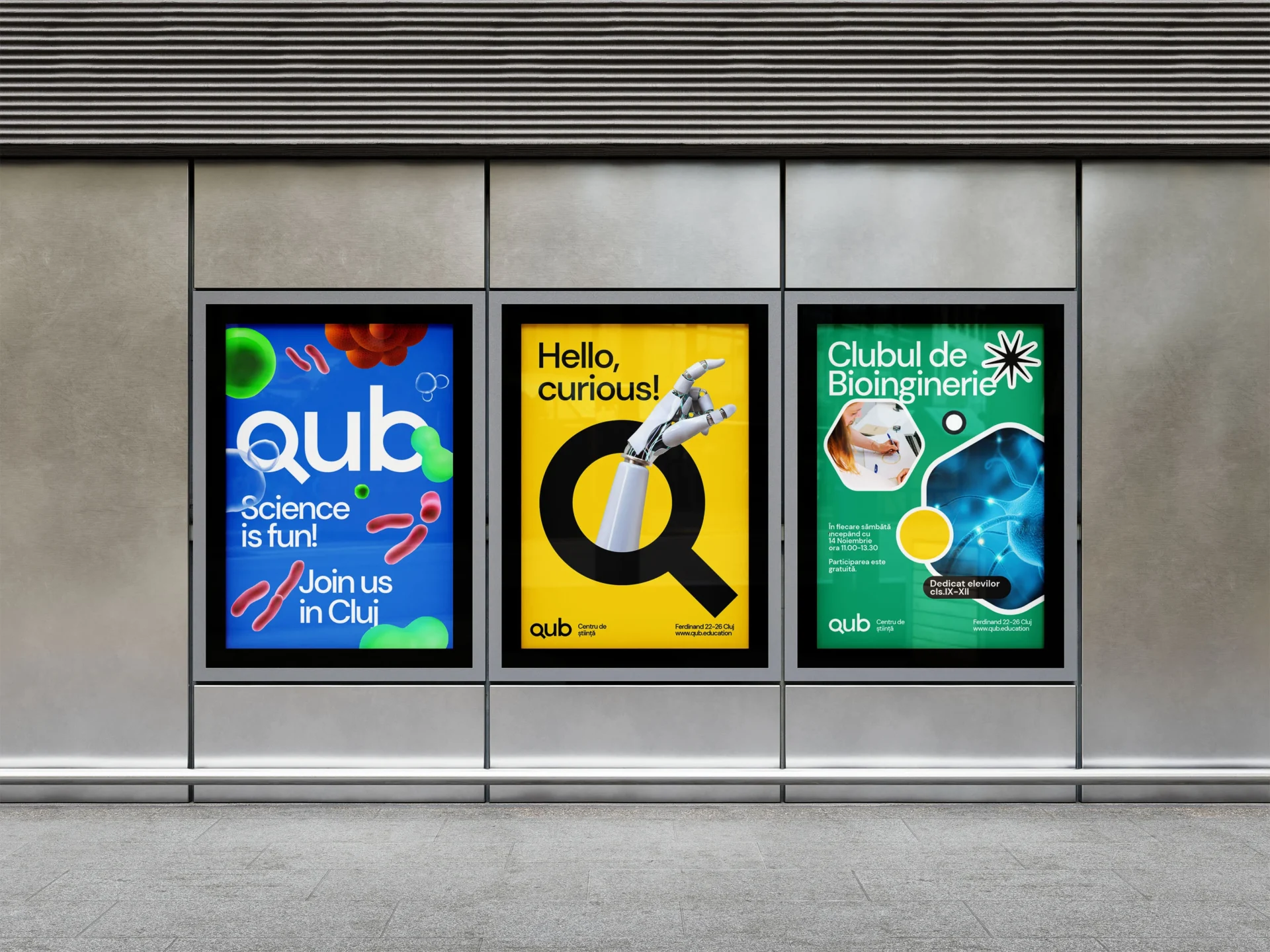 QUB science, curiosity and bioengineering posters shown in a three-frame citylight mockup
