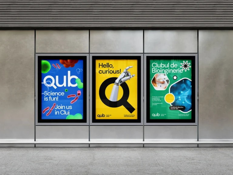 QUB science, curiosity and bioengineering posters shown in a three-frame citylight mockup