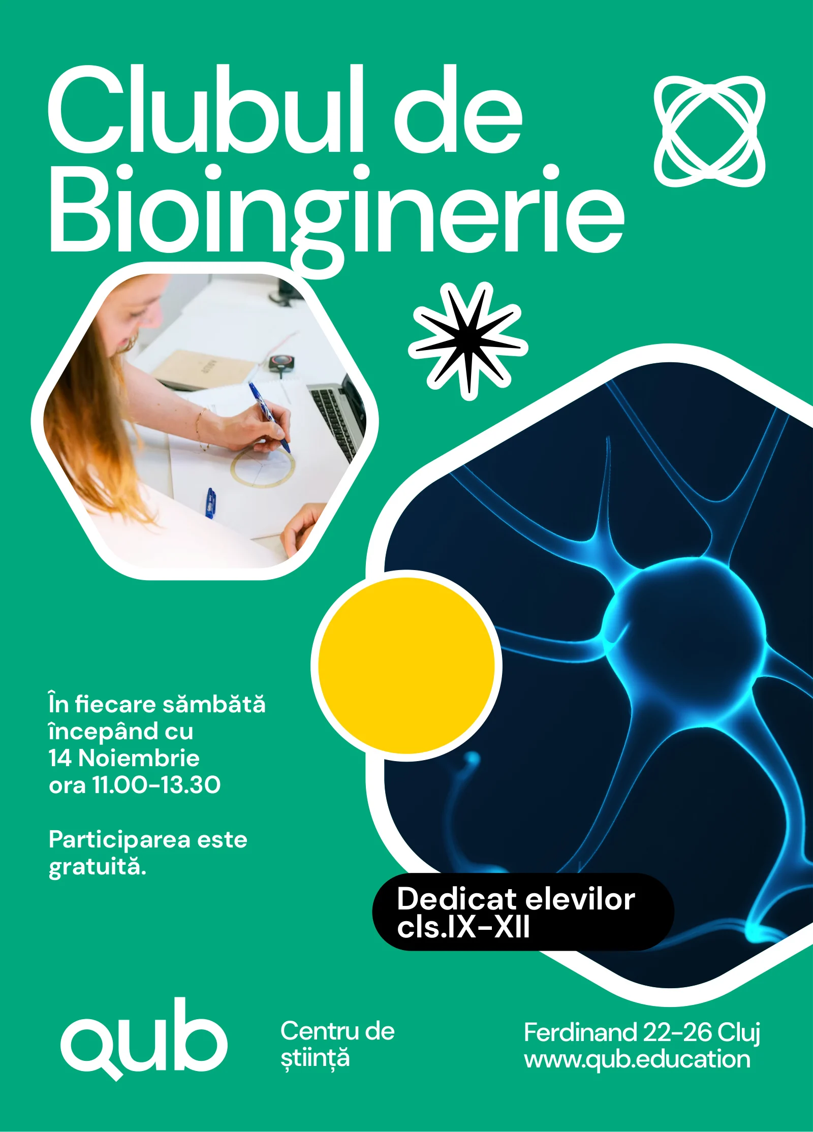 QUB Bioengineering Club poster with workshop photography and a neuron